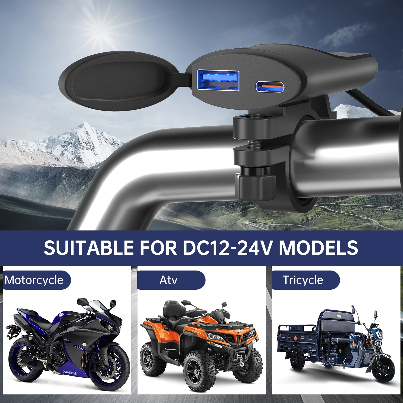 USB Motorcycle Charger Type-C +A Waterproof Fast Charger Socket Adapter Handlebar Mounting Bracket Charger 12V/24V Motorcycle