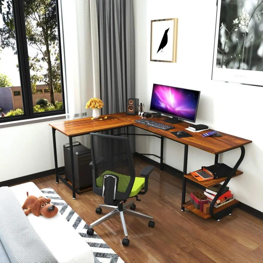 Wendbarer L-förmiger Schreibtisch mit Regalen, großer Eck-Gaming-Computertisch für Heimbüro, Schreibarbeitsplatz, Holztisch