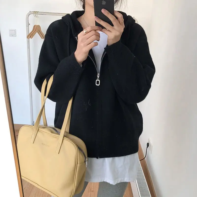 Trendy Korean Style Personalized Hooded Knitted Fir Sweatshirt Women Loose Lazy Style Korean Solid Color Y2k Sweater Jacket Top