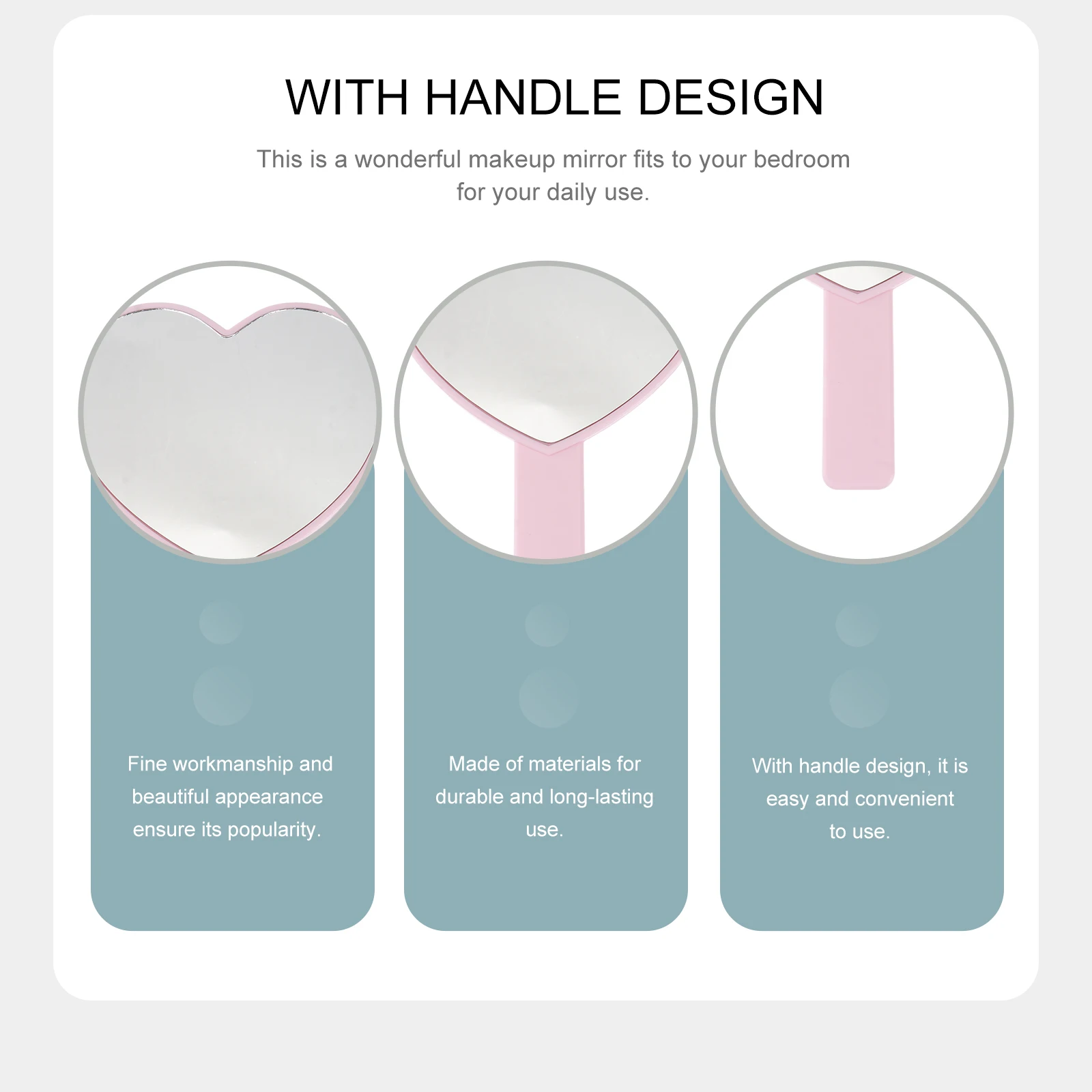 

3Pcs Portable Heart Shaped Makeup Mirror High Definition Single Side Handheld Glass for Travel Purse Use Pink