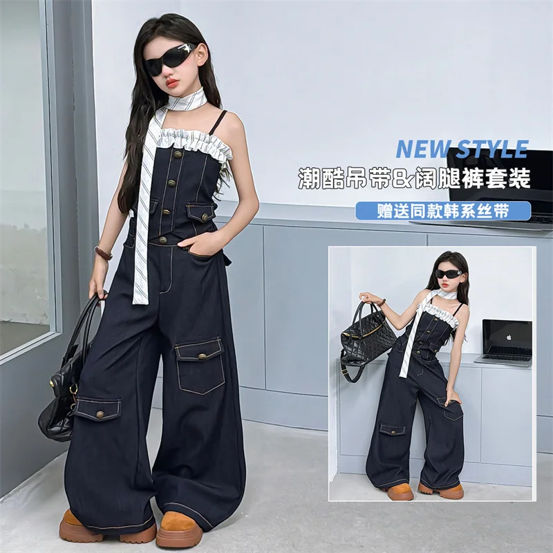 4-14Y Girls 2pcs Suit Slimming Wide Leg Pants Denim Set Street Style Trim One Shoulder Top High Waist Jeans Dancing Fashion