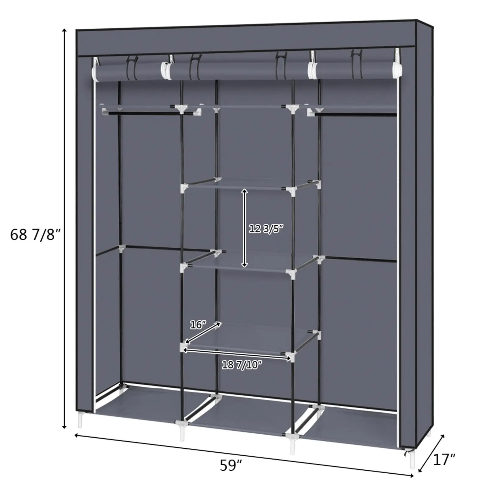 69 Portable Non-Woven Fabric Closet - Double Rod Gray Wardrobe Organizer for Efficient Storage