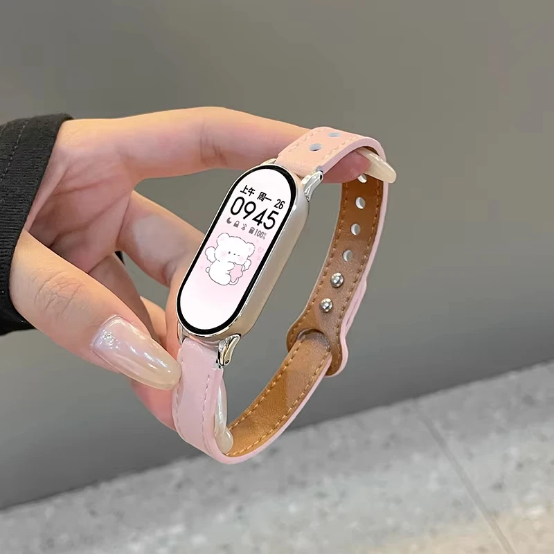 Echtes Lederarmband für Xiaomi Mi Band 10 9 8 NFC Uhrenarmbänder Zubehör Doppelnagel-Armband Correa Xiaomi Smart Band 8 9 10