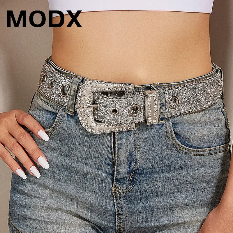 

MODX Women Rhinestone Belt Western Cowgirl Cowboy Bling PU Leather Belt Jeans Pants for Trendy Costume Accessories Eyelet Belt