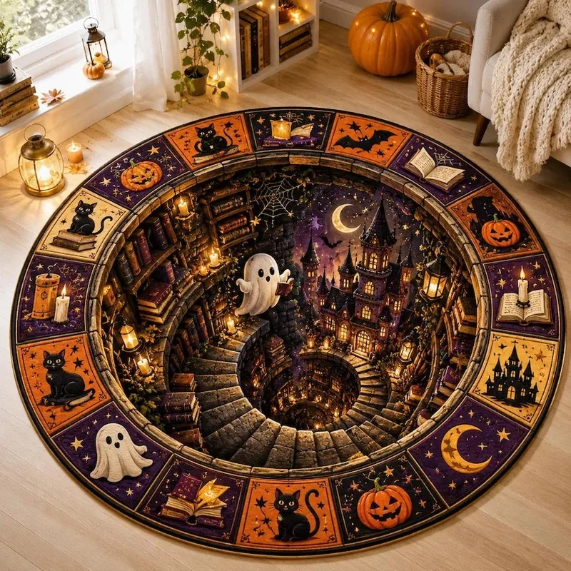 1PC Castle Ghost 2D Illusion Circular Carpet, Ghost, Black Cat, Pumpkin Pattern Printed Carpet, Suitable for Living Room, Bedroom, Bedside, Halloween Room Decoration, Party Set, Festival Gifts
