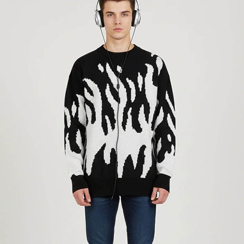 

Casual Round Neck Contrast Knitted Sweater Men's Pullover Popular Black And White Printed Sweatshirt In Autumn And Winter