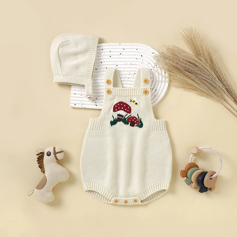 Newborn Baby Bodysuits Spring Autumn Mushroom Knitted Infant Kids Onesie Coveralls Hats Clothes Sets for Toddler Casual Jumpsuit