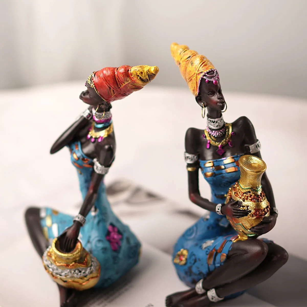 

African Statues Home Decor, Living Room Art Figurines Decorative Sculptures Decoration, Vintage Shelf Desk Office Ornament Gifts