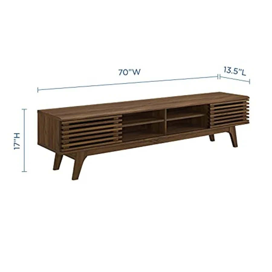 70 Mid-Century Modern Low Profile Media Console Entertainment TV Stand for living room, solid wood, walnut finish, sleek tapere