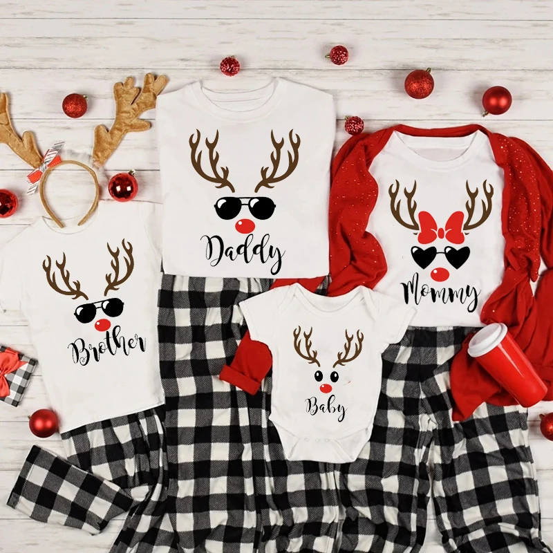 Funny Family Christmas Matching Outfits Reindeer Print Daddy Mommy Sister Brother Baby Bodysuit Xmas Family Look T-shirts Tops