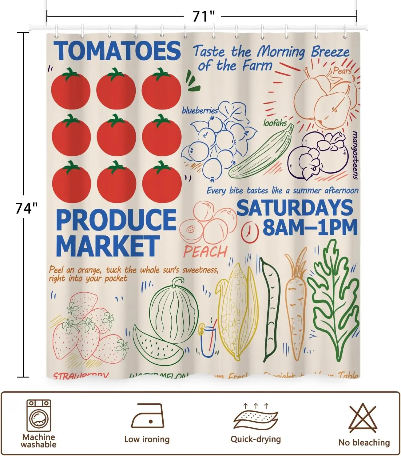 Waterproof Farmhouse Style Shower Curtain Produce Market Decor Watercolor Strawberries Tomatoes Kitchen Bathroom Summer Garden P
