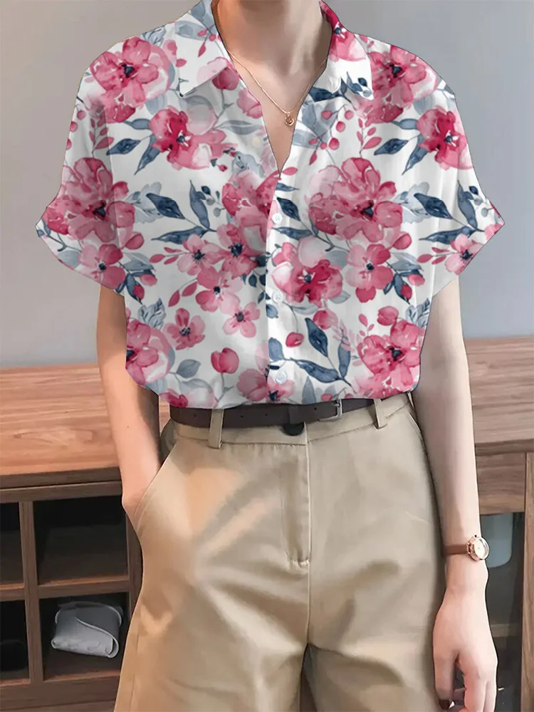 Quietly Elegant Women\'s Shirt  Floral Print Blouse Women\'s Summer Clothes Blouse Short Sleeve Button Shirts & Blouses Top