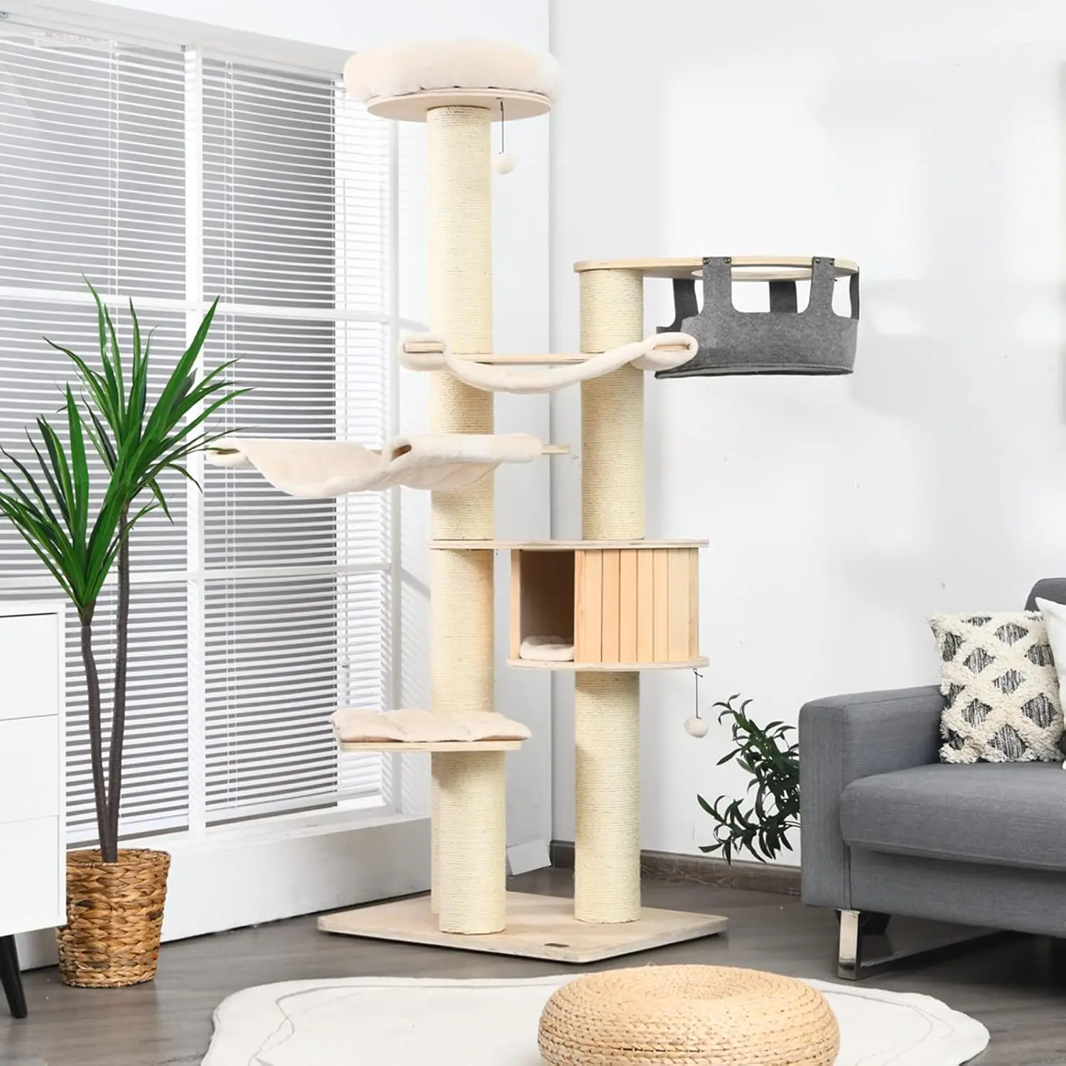 

PETSITE 77.5" Tall Cat Tree, Multi-Level Modern Cat Tower with Sisal Scratching Posts, Top Perch, Cat Condo, Hammocks, Hanging