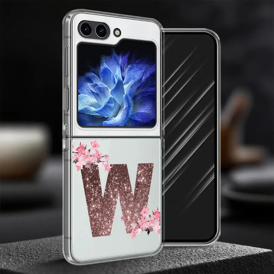 Case for Samsung Galaxy Flip7 FE Z Flip 7 6 5 4 3 Flip3 Flip4 Flip5 Flip6 Back Phone Cover Funda Flower Letter Pink S T Fashion