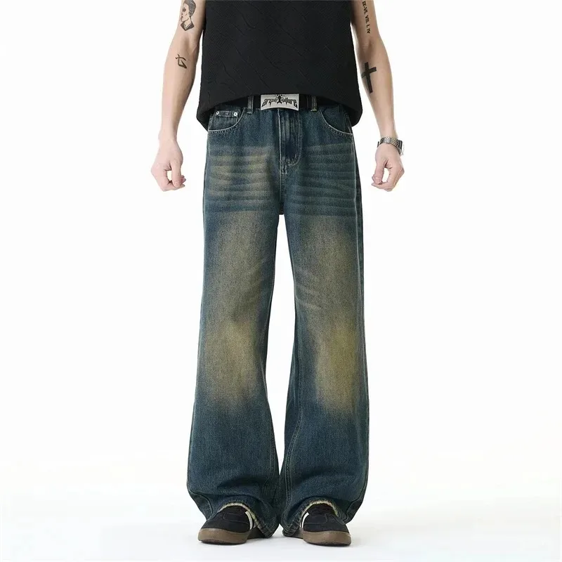 Washed Vintage Blue Men's Jeans 2026 Spring New Loose Wide Leg Denim Long Pants Moustache Effect Casual Trousers