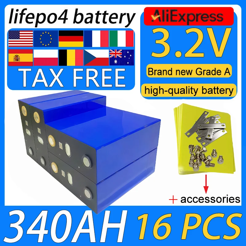 

16pcs 3.2V 340ah Lifepo4 Battery DIY 48V Lithium iron phosphate Rechargeable battery Suitable for solar RV home energy storage