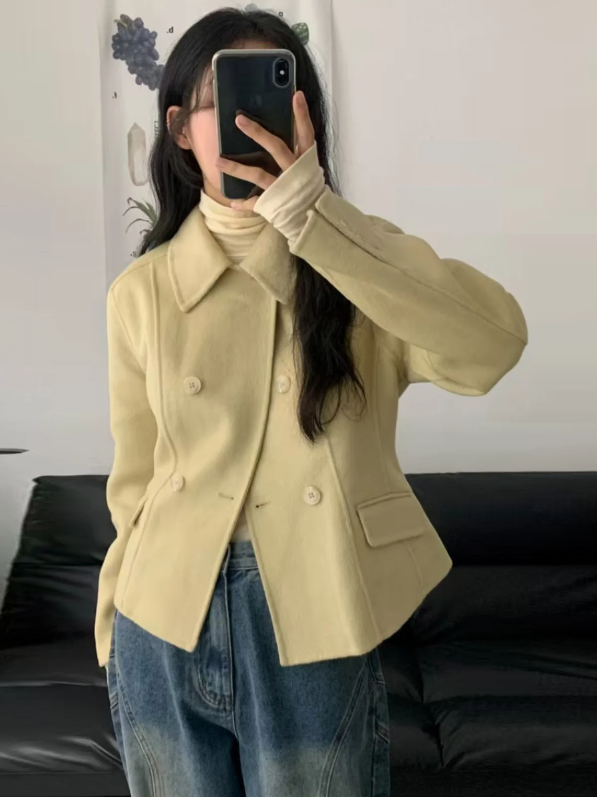 High-Grade Winter Outerwear Women Korean Series Retro Preppy Lapel Double Breasted Waist Hugging Slimming Gray Wool coat