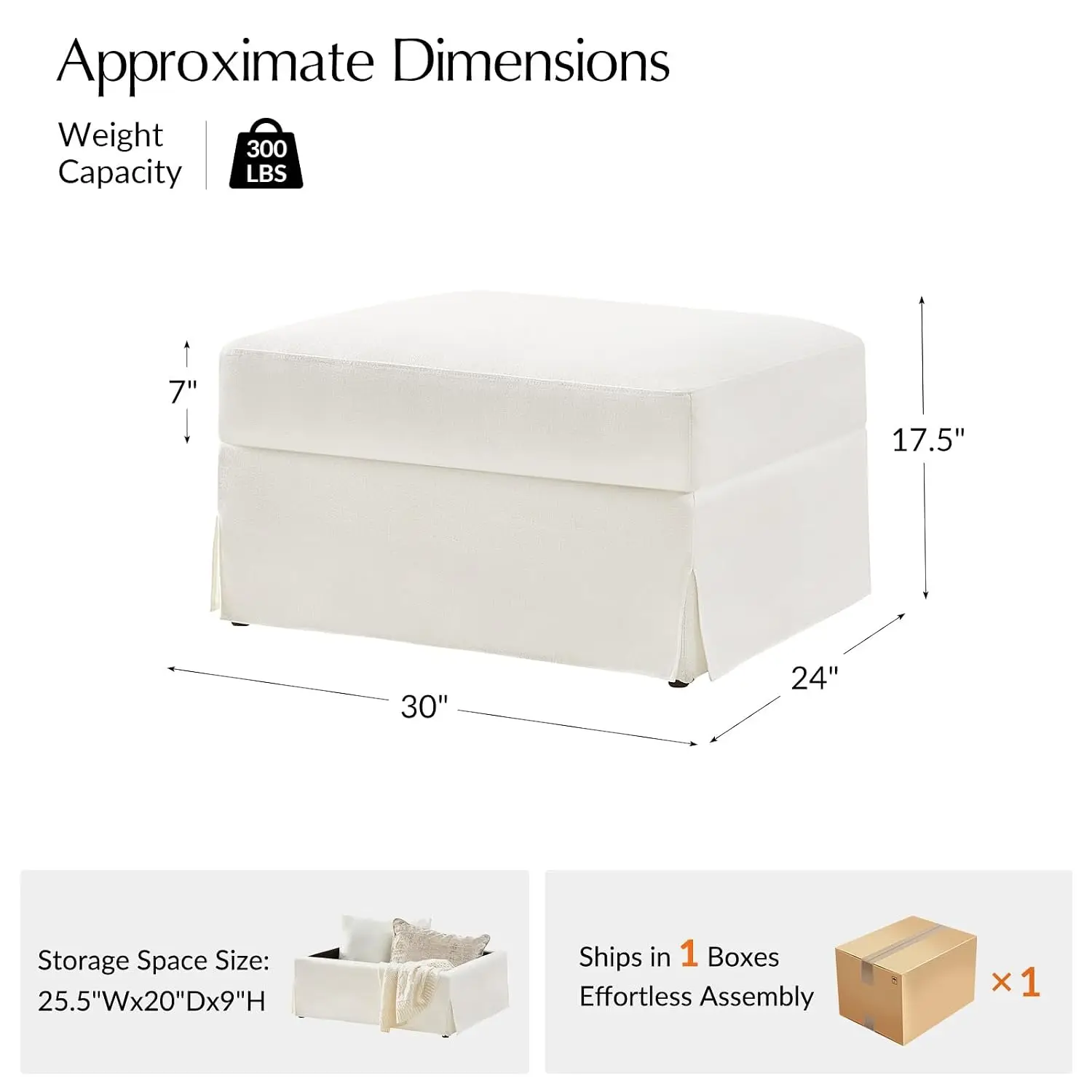 Ivory Storage Ottoman Coffee Table Footrest Bench 36