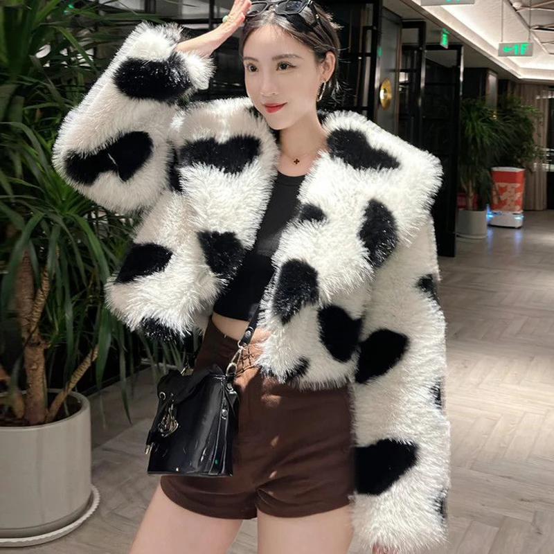 

FANIECES шуба женская Short Faux Fur Coat Women Winter Warm Shaggy Outerwears Luxury Heart Print Artificial Fur Lapel Jacket