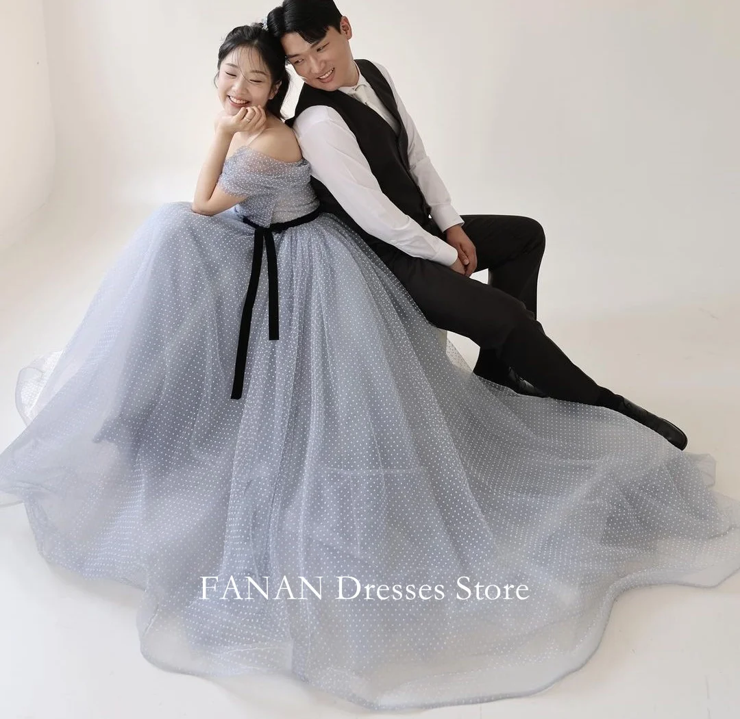 FANAN Korea Off the Shoulder Evening Dresses 웨딩드레스  Short Sleeves Polka Mesh Custom Made Sky Blue Prom Gowns Plus Size