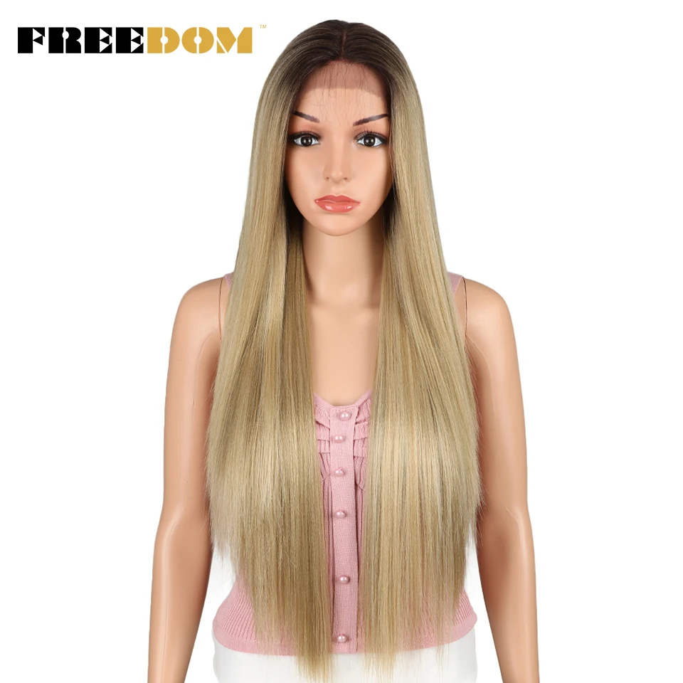 FREEDOM Synthetic Lace Front Wigs For Black Women Ombre Blonde Ginger Long Straight Lace Wig Heat Resistant Cosplay Wigs