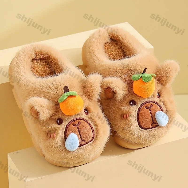 Capybara Children Slippers Winter Cute Fluffy Cotton Indoor Floor Shoes Woman Warm Comfortable Cartoon Plush Floor Home Slipper