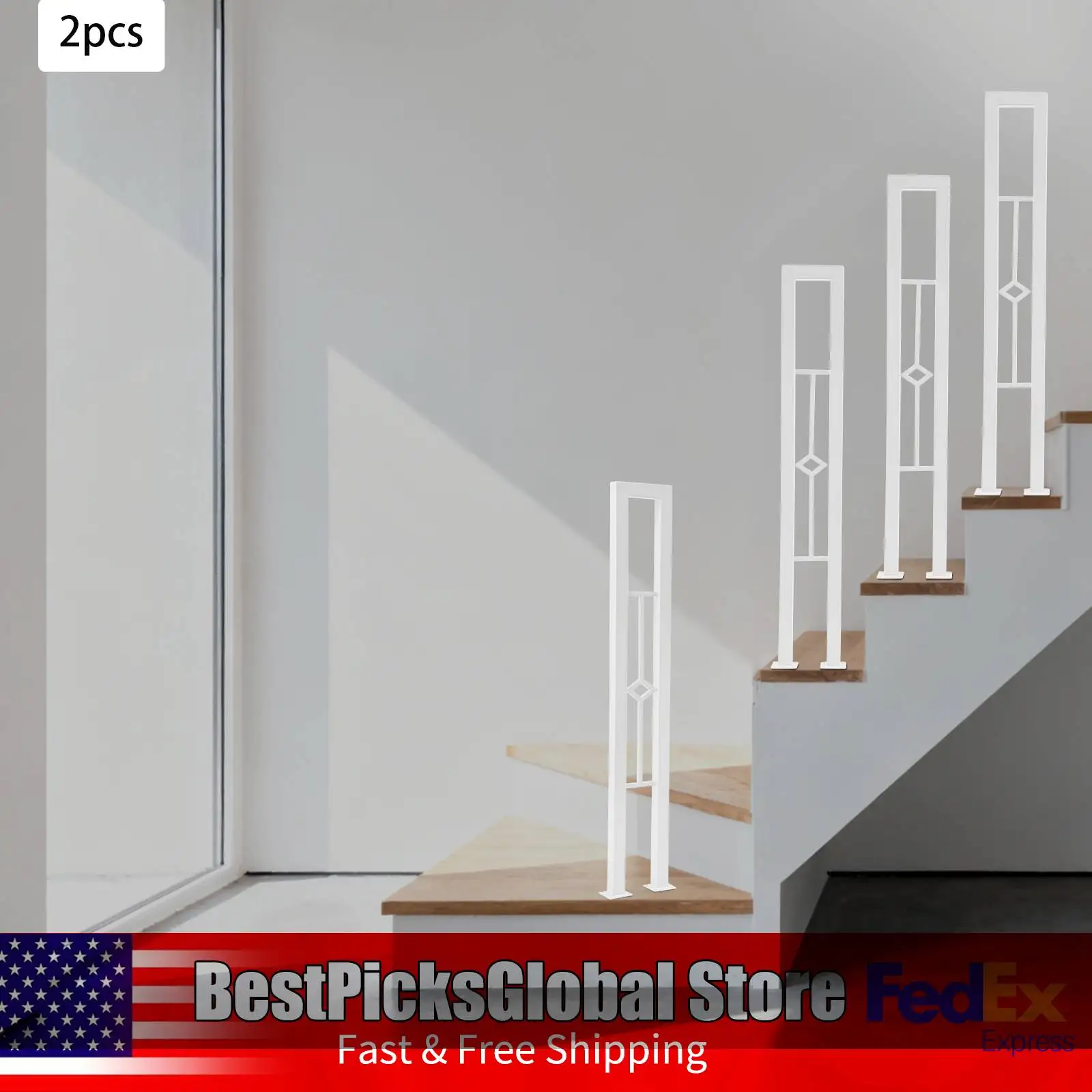 قطعتان من درابزين الدرج على شكل حرف U، نمط ماسي، أبيض/أسود، قضبان يدوية حديدية مزخرفة للممر، ارتفاع 35.43 بوصة