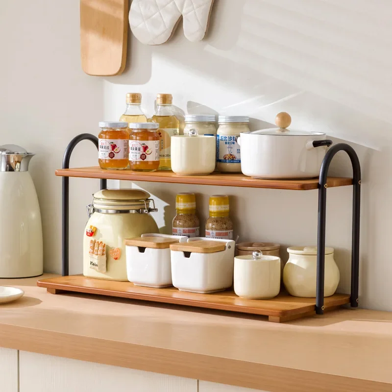 Light luxury cream style double-layer kitchen seasoning rack rack household seasoning salt tank multi-functional multi-layer