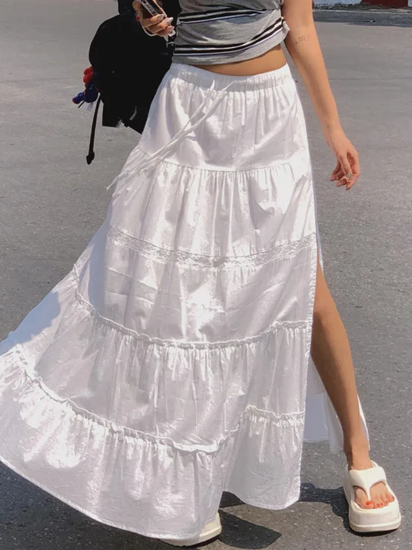 

Korean Sle High Waist Layered Ruffle Skirt Women's Early Spring Faion Long Dr Split Princ Skirt White Color