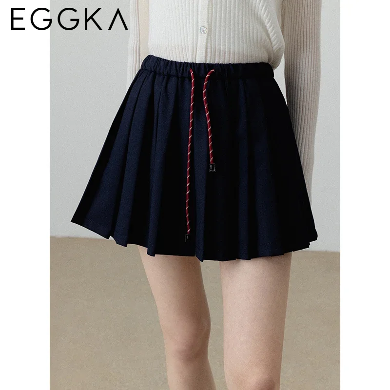 EGGKA-Mini jupe plissée style preppy pour femme, vêtement à taille élastique, mode coréenne, couleur unie, automne 2024