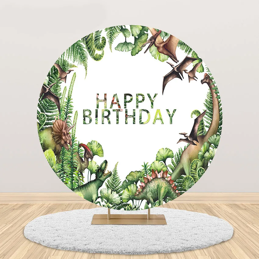 

Mehofond Round Elastic Happy Birthday Photography Backdrop Circle Dinosaur Bat Animal World Forest Photo Background Photophone