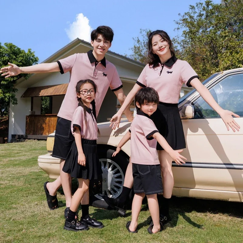 2026 Summer Family Matching Outfits Korean Style Polo Shirt & Skirt/Shorts Set Casual Family Wear for Mom Dad Kids Soft Cotton