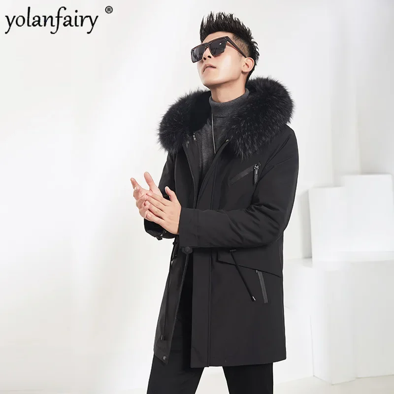 Echte Kaninchen fell Parka mittellange Herren Parka Mode Winter jacken für Herren Kleidung Silberfuchs Pelz kragen Herren Pelz Jacke Mantel