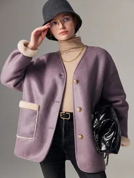 Reversible Women Sheep Shearing Coat V-Neck Single Breasted Fashion Long Sleeve Office Lady Winter Faux Leather Real Wool Jacket