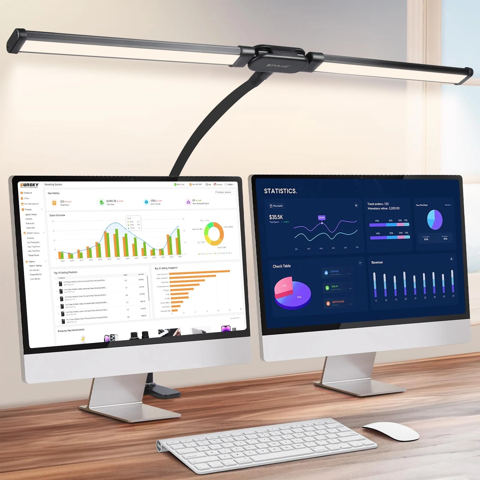 PULUZ Eye-friendly USB LED Desk Lamp Light Double Head Rotatable Gooseneck Tube Clamp Lamp 3 Colors 10 Levels Adjustable Light