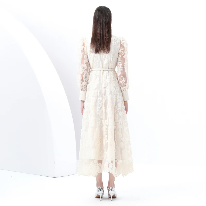 الربيع الصيف النساء خمر قصر نمط شبكة التطريز زهرة الوقوف طوق طويل ماكسي فساتين الحفلات المسائية مع حزام