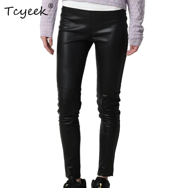 Tcyeek Genuine Sheepskin Pants for Women 2026 Cozy Leather Black Pants High Quality Causal Trousers Womens Slim Fit Traf Mujer