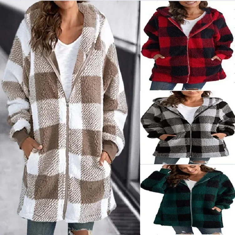 

2023 Autumn Winter Plaid Faux Fur Coat Women Coat Hooded Jackets Female Furry Bear Plush Jacket Women