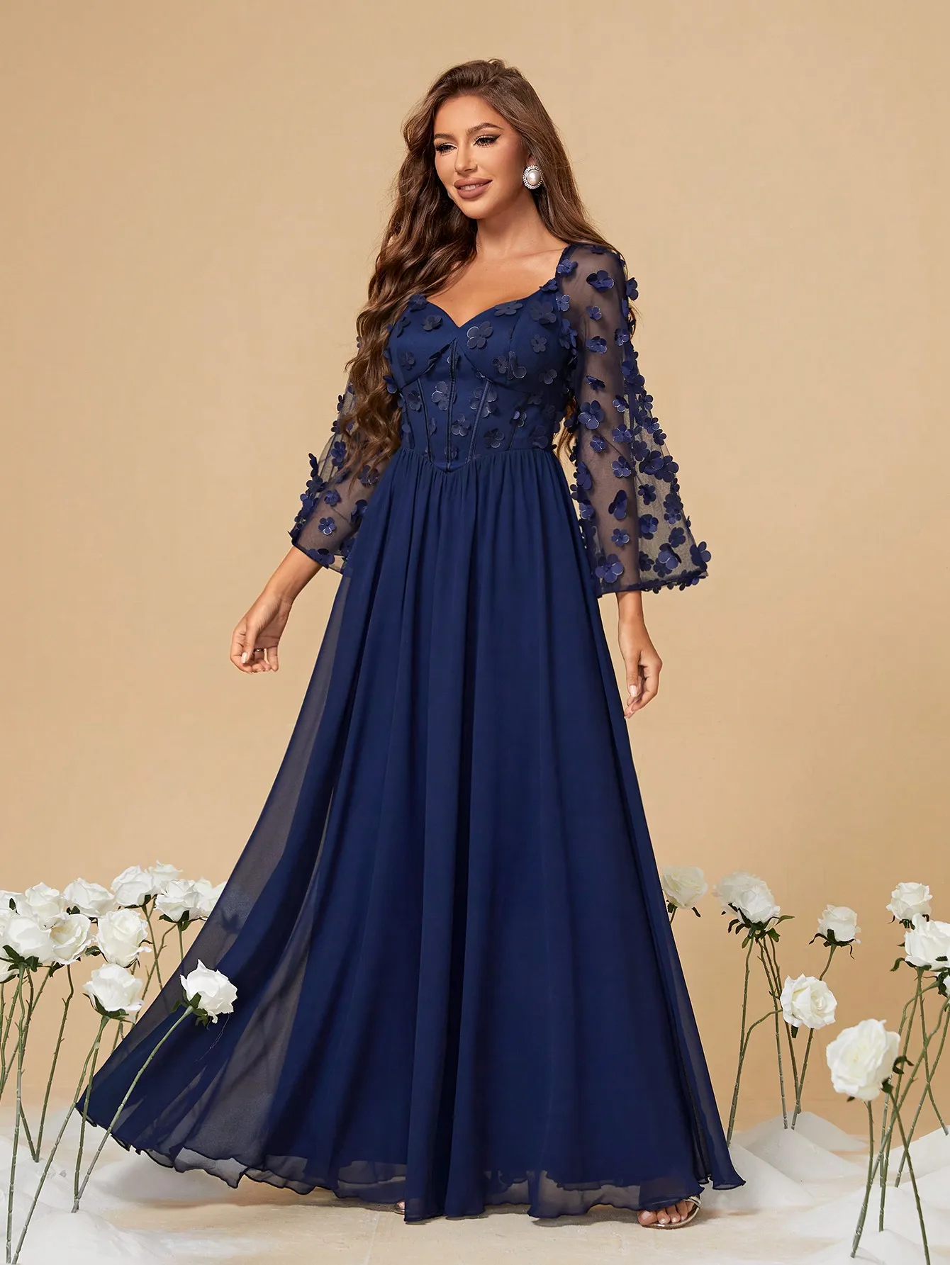 Mgiacy Princess collar long sleeve three-dimensional floral patchwork chiffon A full-length evening gown ball dress Party dress