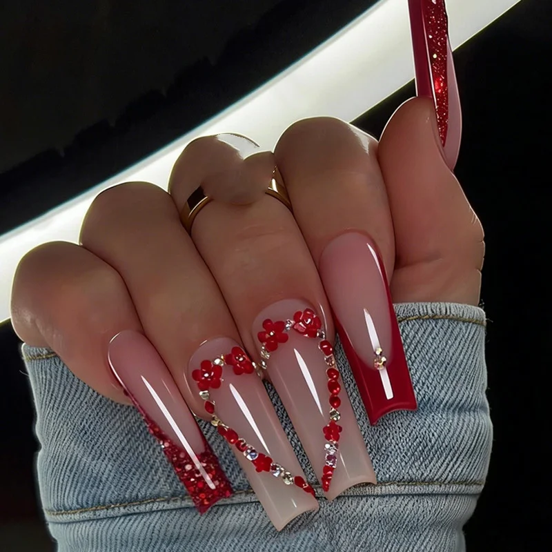 

24Pcs Extra Long Red French False Nails Set Simple Sqaure Press on Nails with Flower Shape Rhinestone for Women Fake Nail Art