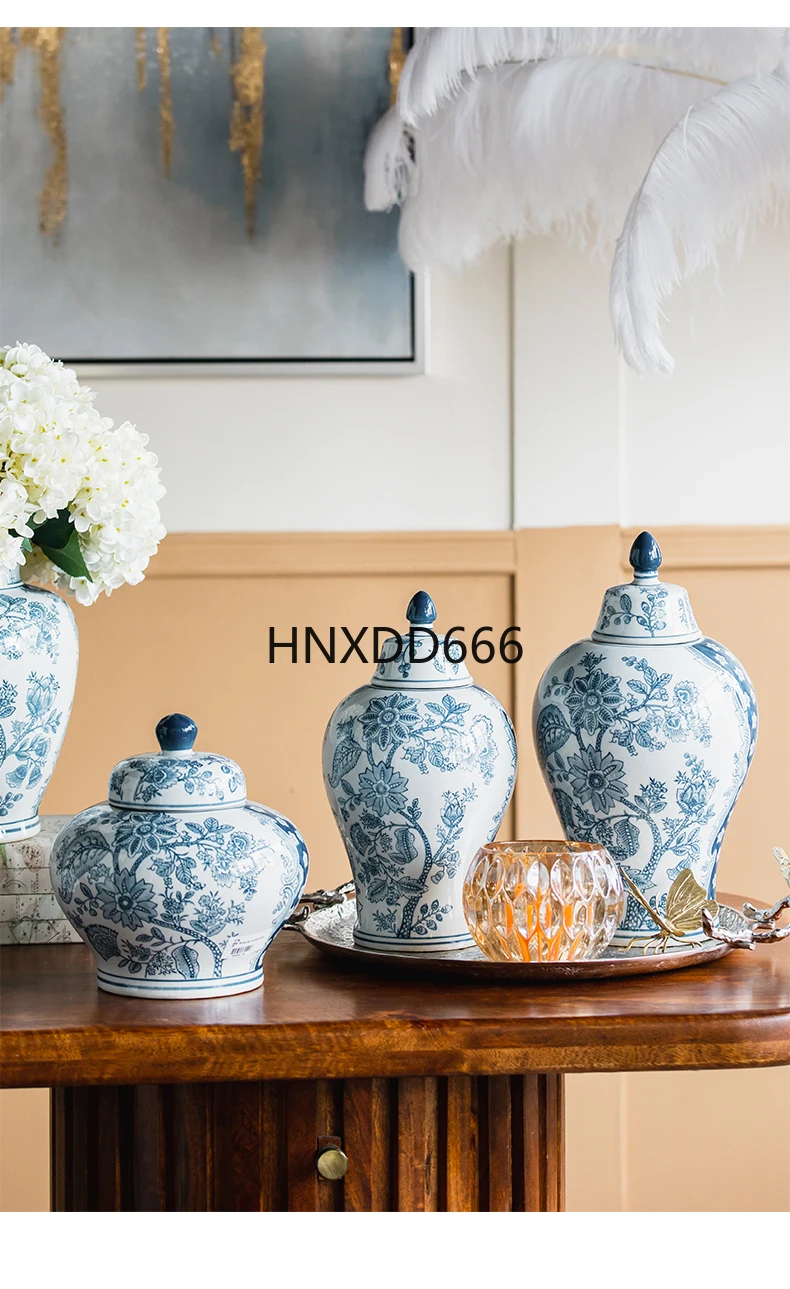 جرة سيراميك عامة، غطاء زجاجة من البورسلين الأزرق والأبيض، جرة تخزين مزهرية