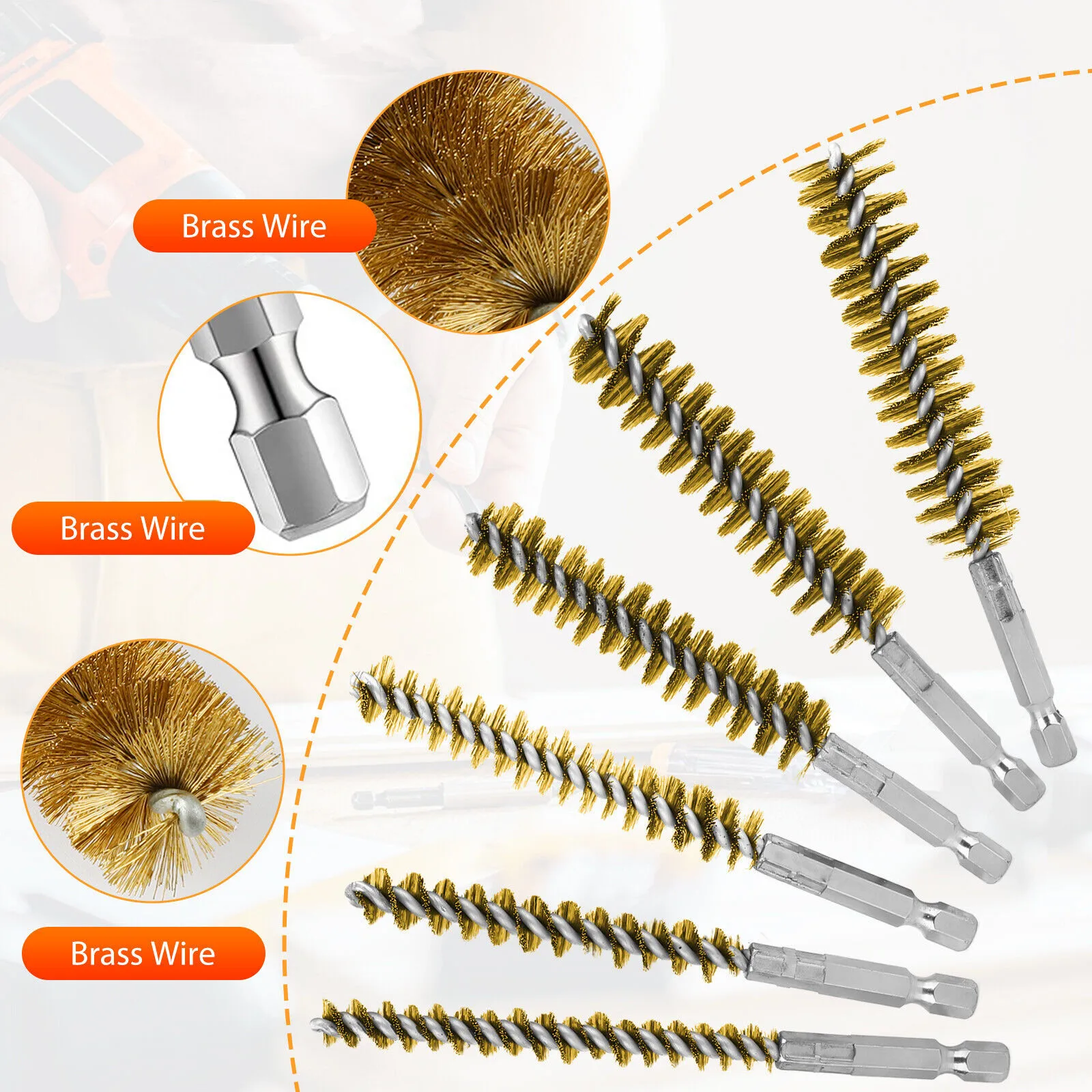 6Pcs/Set Steel Bore Wire Brush Twisted Wire Brass Cleaning Brush with Handle 1/4 Inch Hex Shank For Power Drill Impact Driver