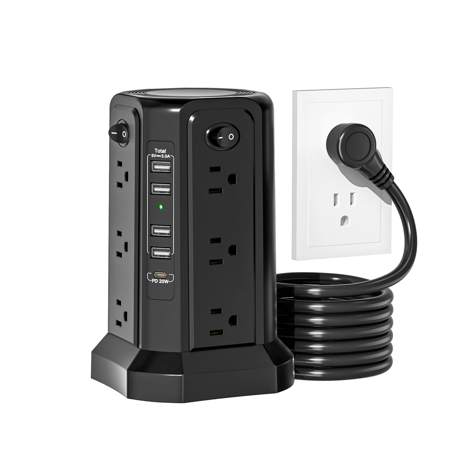 La toma múltiple de corriente tipo torre cuenta con 12 enchufes de CA y 5 puertos USB (incluido 1 USB-C), equipada con un protector contra sobretensiones de 1080J. Es un