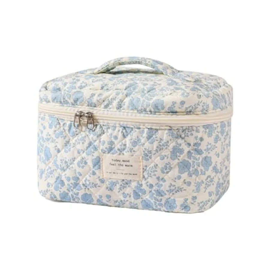 

Large Travel Quilted Makeup Bag for Women Floral Cotton Cosmetic Bag Coquette Aesthetic Floral Toiletry Organizer Bag