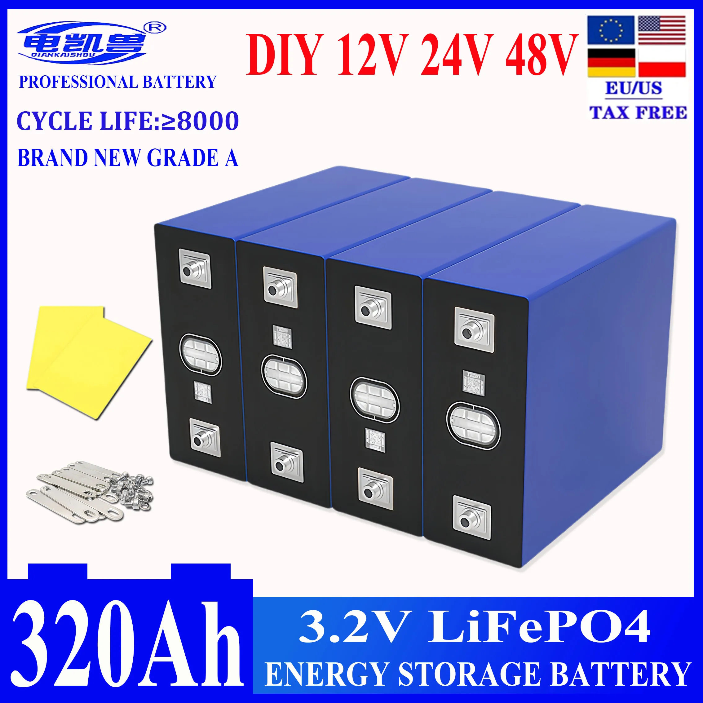 3.2V 320Ah 8000+ Cycles LiFePO4 Battery  Rechargeable Lithium Iron Phosphate Cell DIY 12V 24V 48V RV EV Golf Cart Grade A Cells