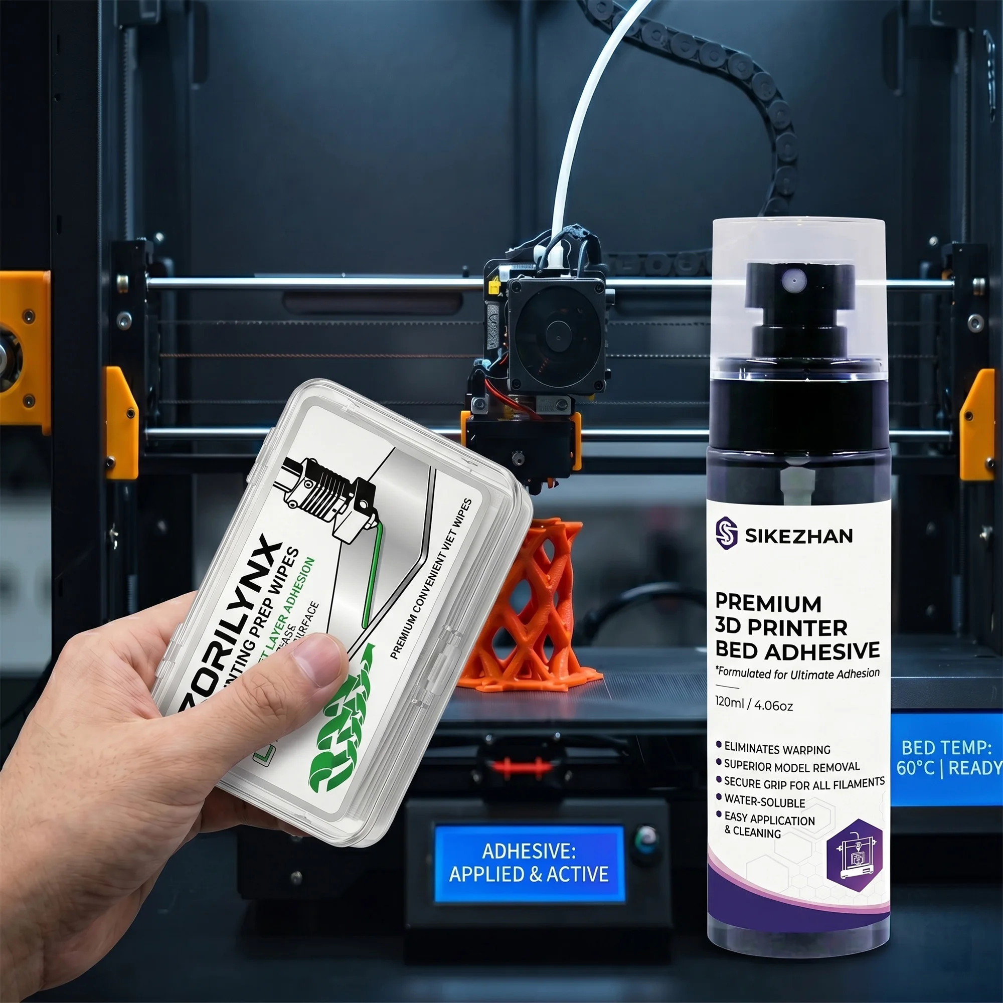 

Complete 3D Printer Bed Accessory Set: 120ml Adhesive Spray & Cleaning Prep Wipes for Flawless First Layer & Warping Prevention