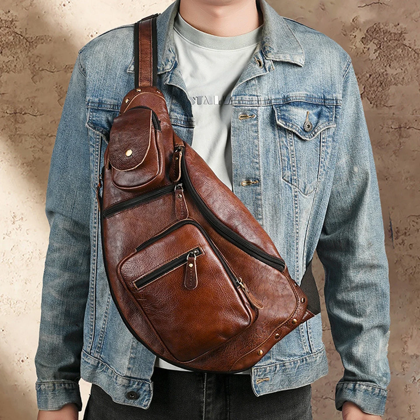 Men Vintage Genuine Leather Sling Backpack Chest Bag Large Capacity Crossbody Bag for Travel Hiking Cycling Daily Commute