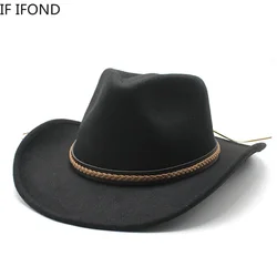 Winter Roll Up Brim Western Cowboy Hat With Leather Retro Gentleman Lady Jazz Cowgirl Cap Church Sombrero Caps