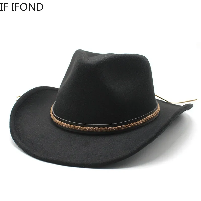 Zimowy zachodni kapelusz kowbojski z zwijanymi rondami ze skórzaną retro dżentelmenem Lady Jazz Cowgirl Cap Church Sombrero Caps