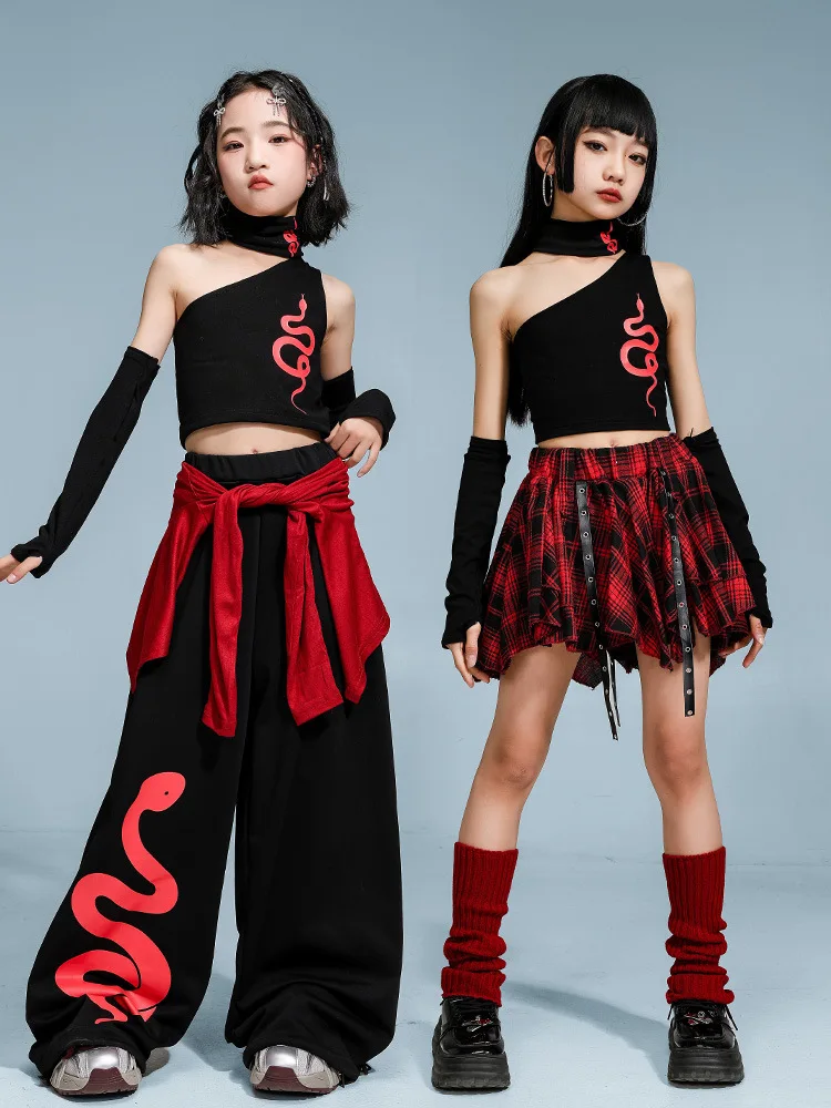 Mädchen Street Dance Kleidung One-shoulder Crop Top Snake Print Hosen Plaid Rock Cheerleading Kostüm Kpop Hip Hop Bühne outfits